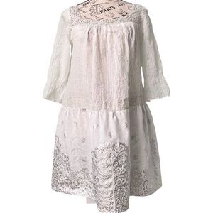 Delfina White Sheer Beaded Square Neck 3/4 Sleeve Dress Made in Italy in Size S